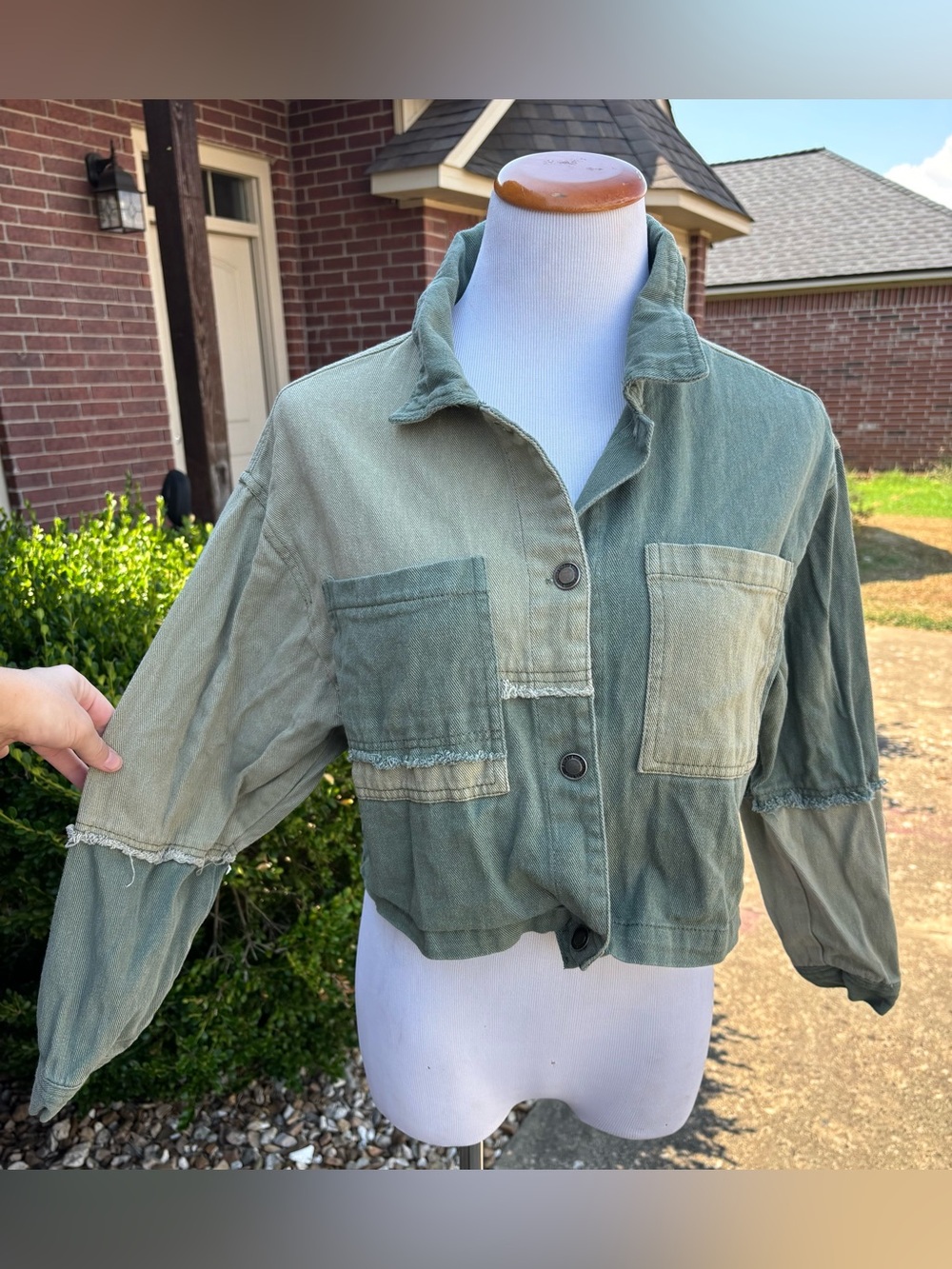 Angel Kiss Two-Tone Washed Green Cropped Jean Jacket